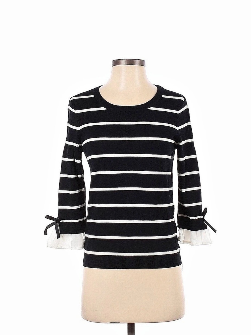 Maison Jules Striped Ruffle Cuff Sweater in Black & White